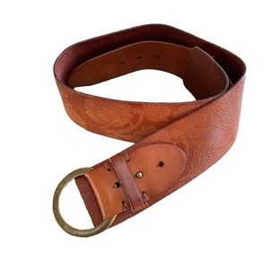 LINEA PELLE BROWN WIDE LEATHER BELT FLORAL DESIGN, HANDMADE ADJUSTABLE 40”